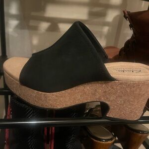 Clarks Black Cork Wedge Mules